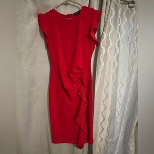 Red business cocktail pencil ruffle dress